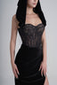 Close of Black Vevet Bandeu Lace Corset Split Midi Dress Arabic, from LASSY, The Viet Concept