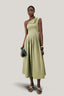 Front of Olive Crossandra A-line Waist Pleated Twill Midi Dress for women, from LECIA, The Viet Concept